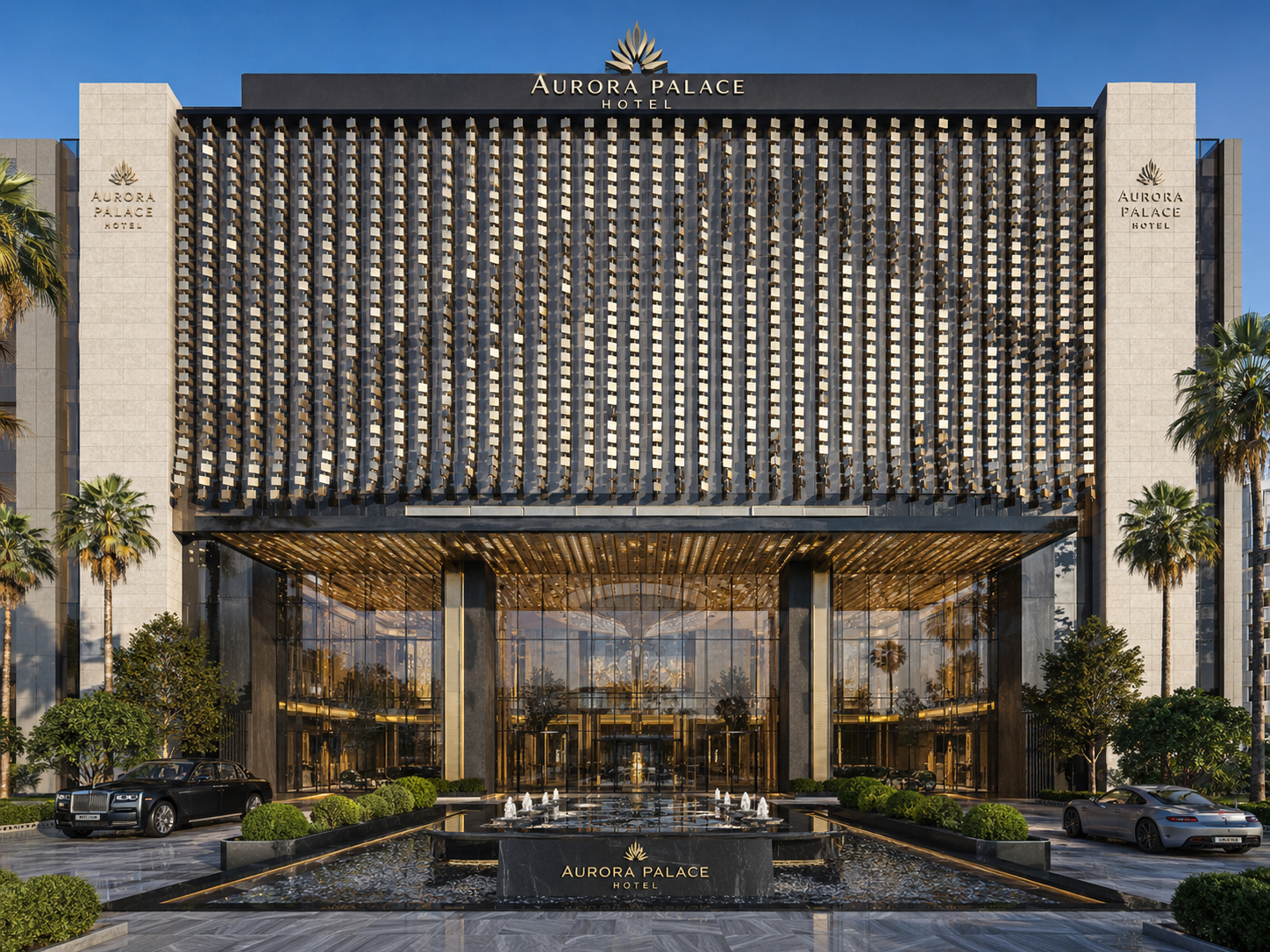 Hospitality entrance facade in metal panels