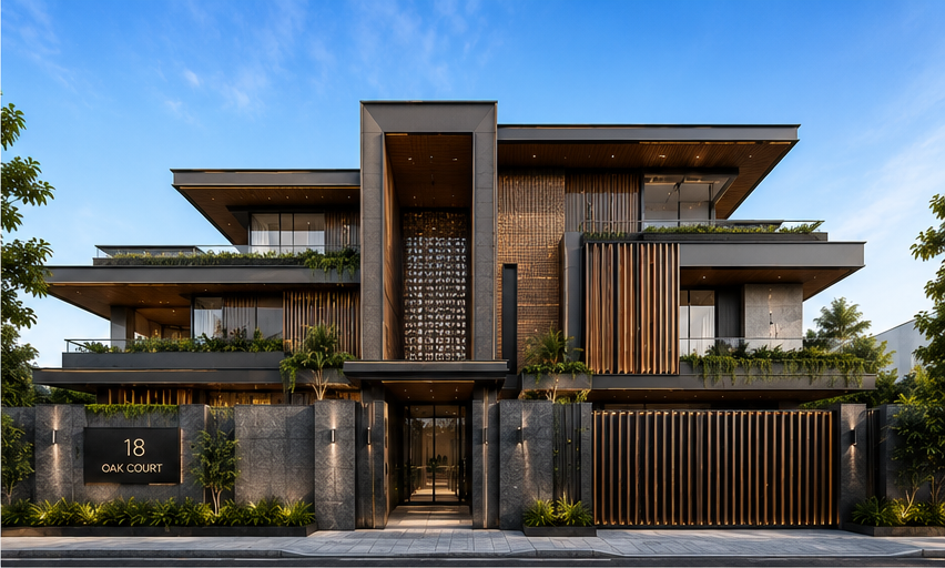 Apartment balcony facade with architectural metal skin